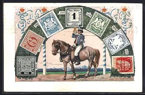 Künstler-AK Bayer. Briefmarken, Postbeamter bläst ins Horn, König Ludwig III..