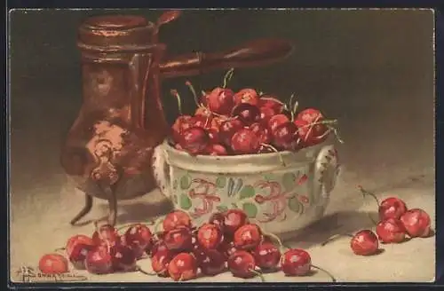 Künstler-AK Stillleben mit einer Schüssel Kirschen