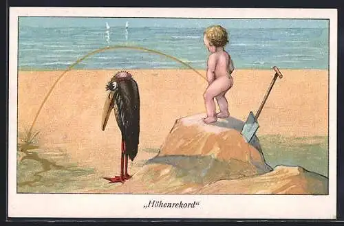 AK Knabe pinkelt am Strand über einen Marabu, Höhenrekord, Toilettenhumor