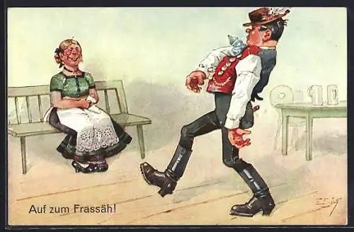 Künstler-AK Ernst Schlemo: Paar in Tracht rüstet sich für das Oktoberfest