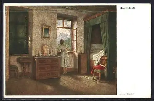 Künstler-AK Moritz von Schwind: Die Morgenstunde, Frau lehnt aus dem Fenster