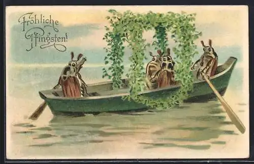 Lithographie Maikäfer in einem geschmückten Ruderboot, Pfingstgruss