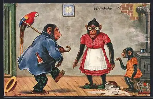 Künstler-AK vermenschlichter Affenvater kehrt mit Papageien nach Hause zurück