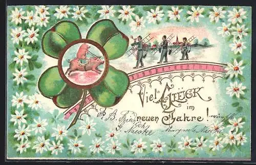 Lithographie Schornsteinfeger, Kleeblatt, Schwein reitet auf Schwein, Blumen