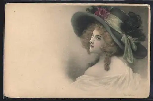 Künstler-AK Wichera: Fräulein mit grossem Hut