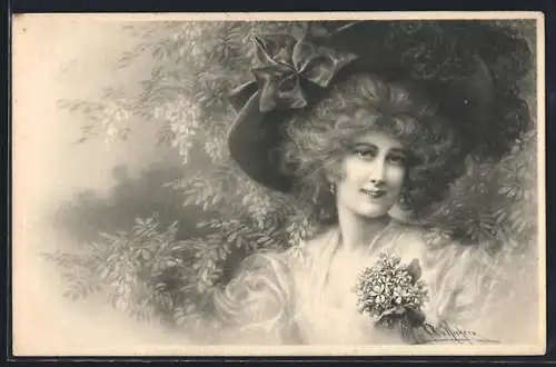 Künstler-AK Wichera: Dame mit Hut und Blumen