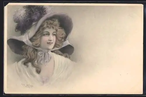 Künstler-AK Wichera: Lachende Frau mit grossem Hut