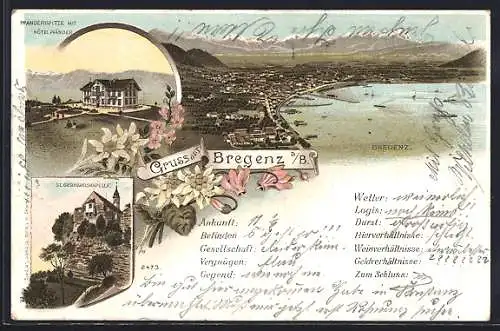 Lithographie Bregenz a. B., Pfänderspitze mit Hotel Pfänder, St. Gebhardskapelle