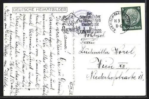 AK Kreuzeckhaus, Berghütte mit Alpspitze, Zugspitze und Riffelscharte