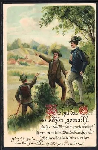Lithographie Drei Wanderburschen, Lob des Wanderns