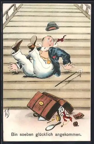 Künstler-AK Willi Scheuermann: Malheur auf der Bahnhofstreppe, Glückliche Ankunft eines Reisenden