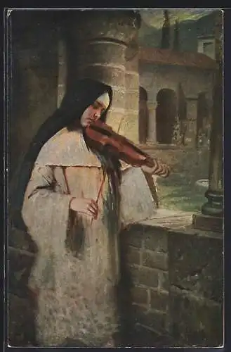 Künstler-AK Hermann Kaulbach: Nonne spielt Geige am Kreuzgang