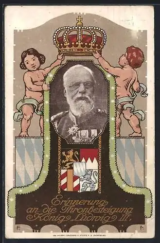 AK Erinnerung an die Thronbesteigung König Ludwig III., Portrait, Kinder mit Krone