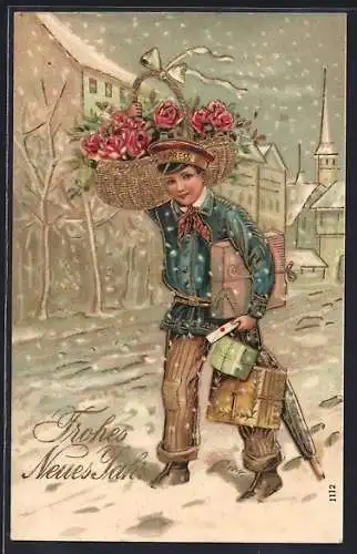 Präge-AK Frohes Neujahr, Bote trägt Pakete und Blumen durch den Schnee