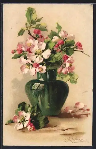 Künstler-AK Catharina Klein: C. Klein: Blühende Obstbaumzweige in grüner Vase