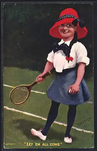 Künstler-AK sign. E. P. Kinsella: Mädchen auf dem Tennisplatz sucht Gegner