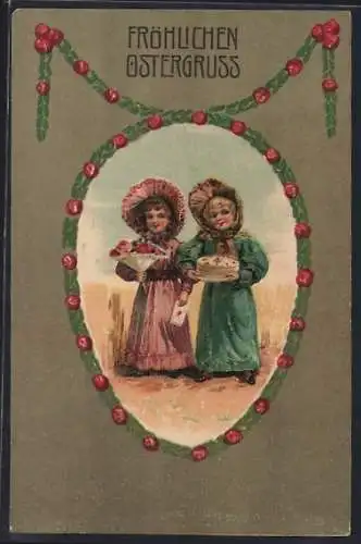 Präge-AK Mädchen bringen Ostergrüsse und Kuchen