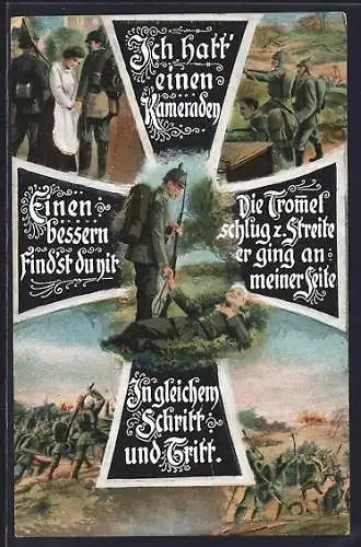 AK Szenen aus dem Soldatenleben, Abschied, Schlacht, Tod eines Kameraden, Eisernes Kreuz
