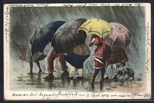 AK Frauen und Männer mit Schirmen im Regen, Meteorologie