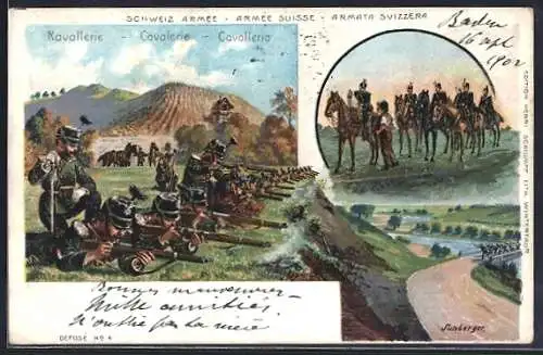 Lithographie schweizer Kavallerie im Feld