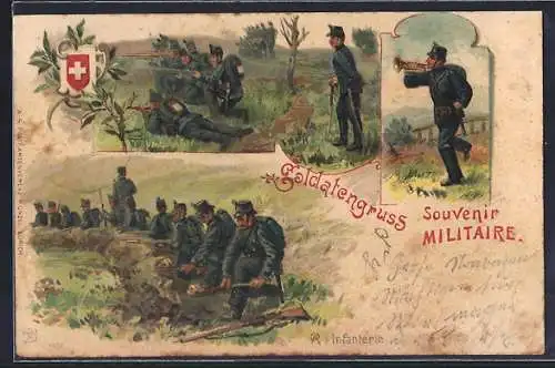 Lithographie Soldatengruss, Schweizer Infanterie