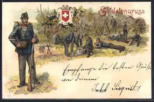 Lithographie Schweizer Soldatengruss, Infanterie macht Rast, Soldat mit Gewehr und Gepäck