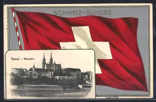 Passepartout-AK Neuchâtel, Teilansicht und Schweizer Flagge