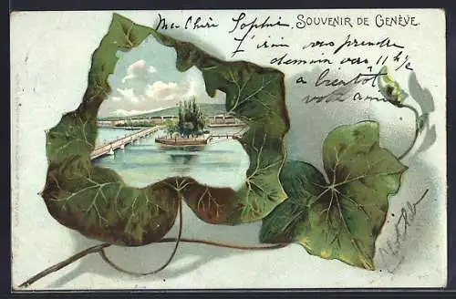 Passepartout-Lithographie Geneve, Pont des Bergues, Ansicht auf Efeublatt