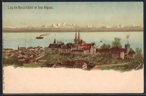 Lithographie Künzli Nr. 5016: Neuchatel, Lac de Neuchatel, Berg mit Gesicht / Berggesichter