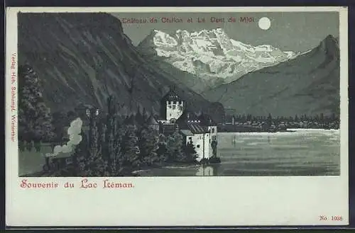 Mondschein-Lithographie Chillon /Lac Léman, Le Château et chemin de fer