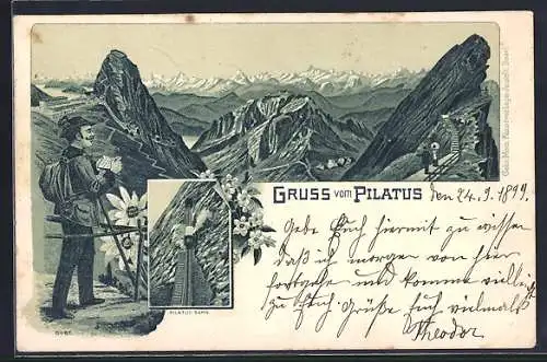 Lithographie Pilatus, Bergpanorama mit Pilatus Bahn