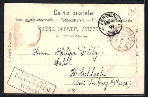 Lithographie Pilatus, Bergpanorama mit Pilatus Bahn