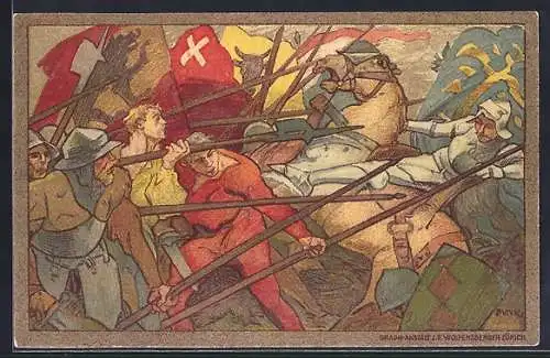 AK Schweizer Bundesfeier 1911, Schlachtszene, Ritter wird vom Pferd geworfen