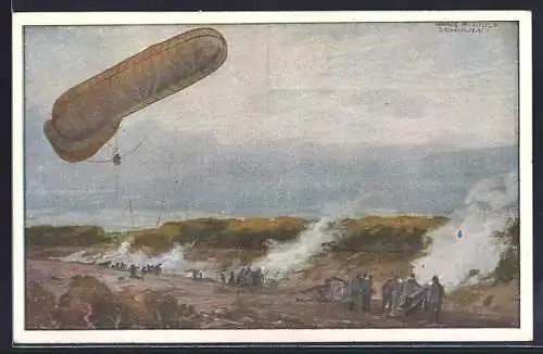 Künstler-AK Hans Rudolf Schulze: Fesselballon, Artillerie im Feuer