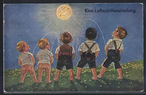 Künstler-AK kleine Jungen pinkeln gegen die Sonne