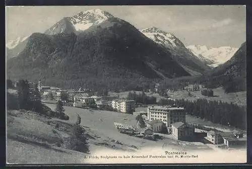 AK Pontresina, Ortspartie mit Bergen