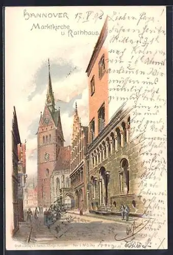 Lithographie Hannover, Blick auf die Marktkirche und Rathaus