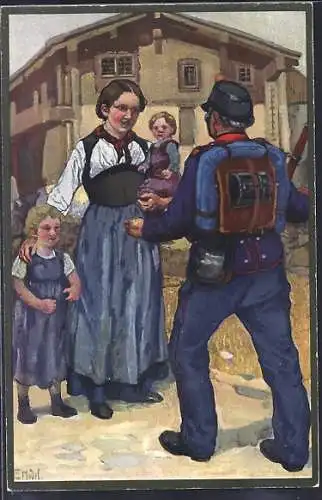 Künstler-AK sign. E. Hodel: De Friede Deheime, de Friede im Land...