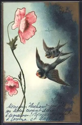 AK Schwalben und Roter Mohn