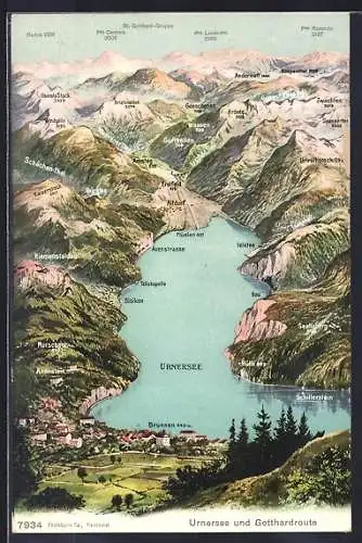 AK Landkarte Urnersee und Gotthardroute aus der Vogelperspektive, mit Bergkette