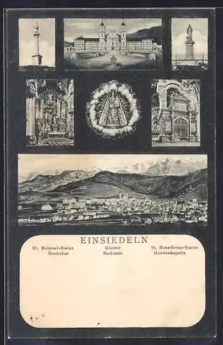 AK Einsiedeln, Hl. Meinrad-Statue, Kloster, St. Benedictus-Statue, Hochaltar, Madonna, Gnadenkapelle