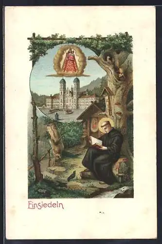 Künstler-AK Einsiedeln, Kirche und Ganadenbild, Mönch mit Buch