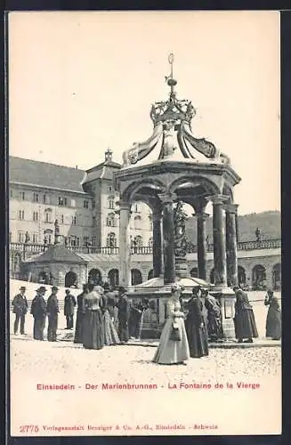AK Einsiedeln, Ortspartie am Marienbrunnen, Le Fontaine de la Vierge