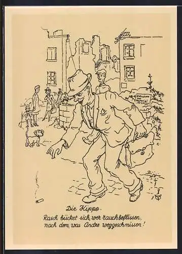 AK Mann bückt sich auf der Strasse nach einer Kippe, Kriegsnot, BRD