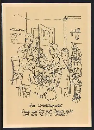 Künstler-AK Familie freut sich über ein Amerikapaket