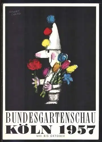AK Köln, Bundesgartenschau 1957, Weisser Zwerg in Clown-Mütze mit Blumen