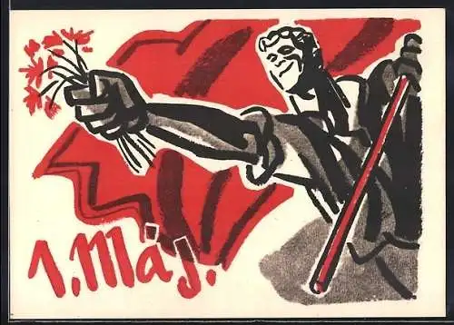 AK 1. Mai 1949, Arbeiter mit roter Fahne und Blumen