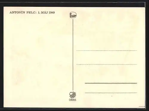 AK 1. Mai 1949, Arbeiter mit roter Fahne und Blumen