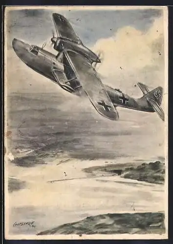 Künstler-AK Wasserflugzeug Dornier Do 19 der Luftwaffe im Steigflug, 