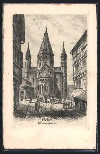 Künstler-AK Mainz, Strassenbahn vor der Kirche am Liebfrauenplatz